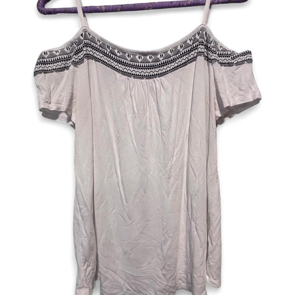 Lascana Venus Cold Shoulder Top Womens Large White Black Aztec Print Boho Blouse